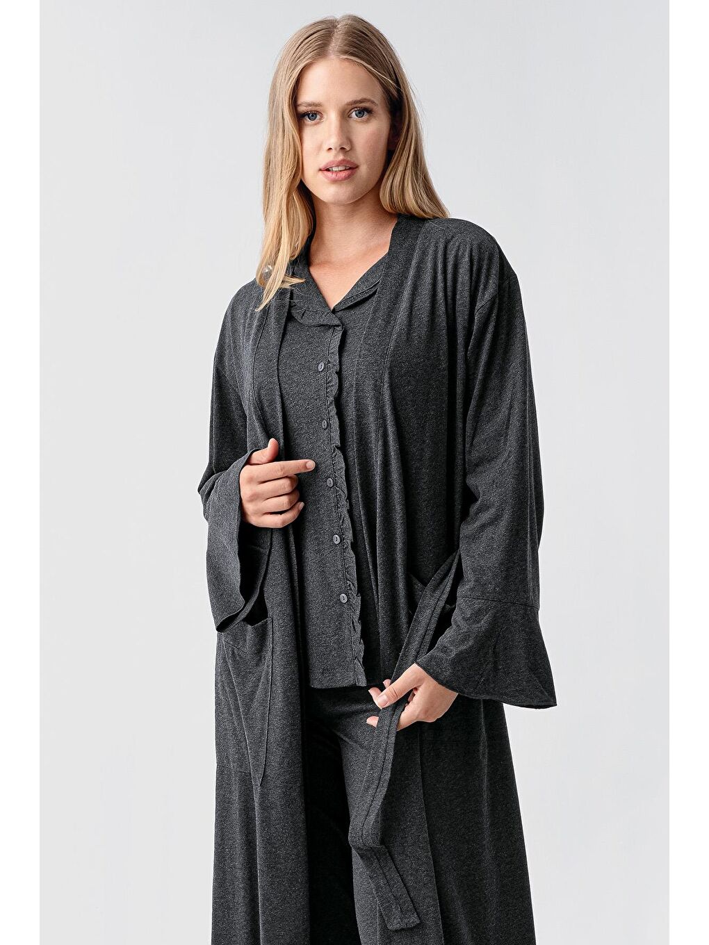 Antrasit Kadın Uzun Kollu Düğmeli Esnek Pamuklu Sabahlık Pijama Takımı 23112-2