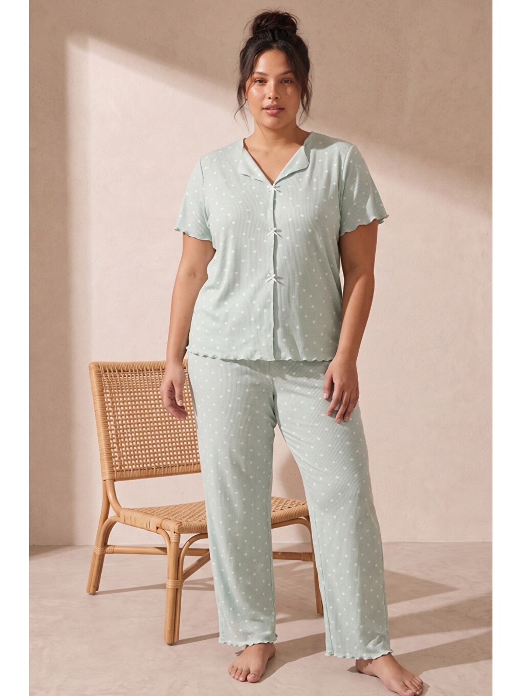 Yeşil Beden Fitilli Kaşkorse Örme Pijama Takım26120851-2