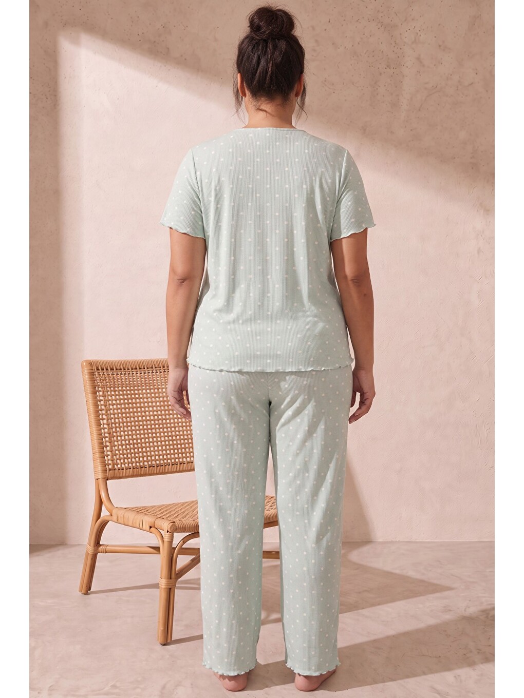 Yeşil Beden Fitilli Kaşkorse Örme Pijama Takım26120851-3