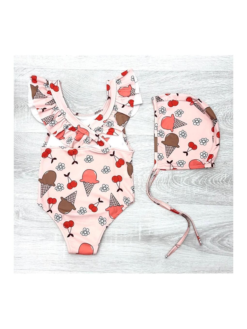 Kahverengi Sırttan Çapraz Fırfır Detaylı Boneli Kız Çocuk Mayo-1