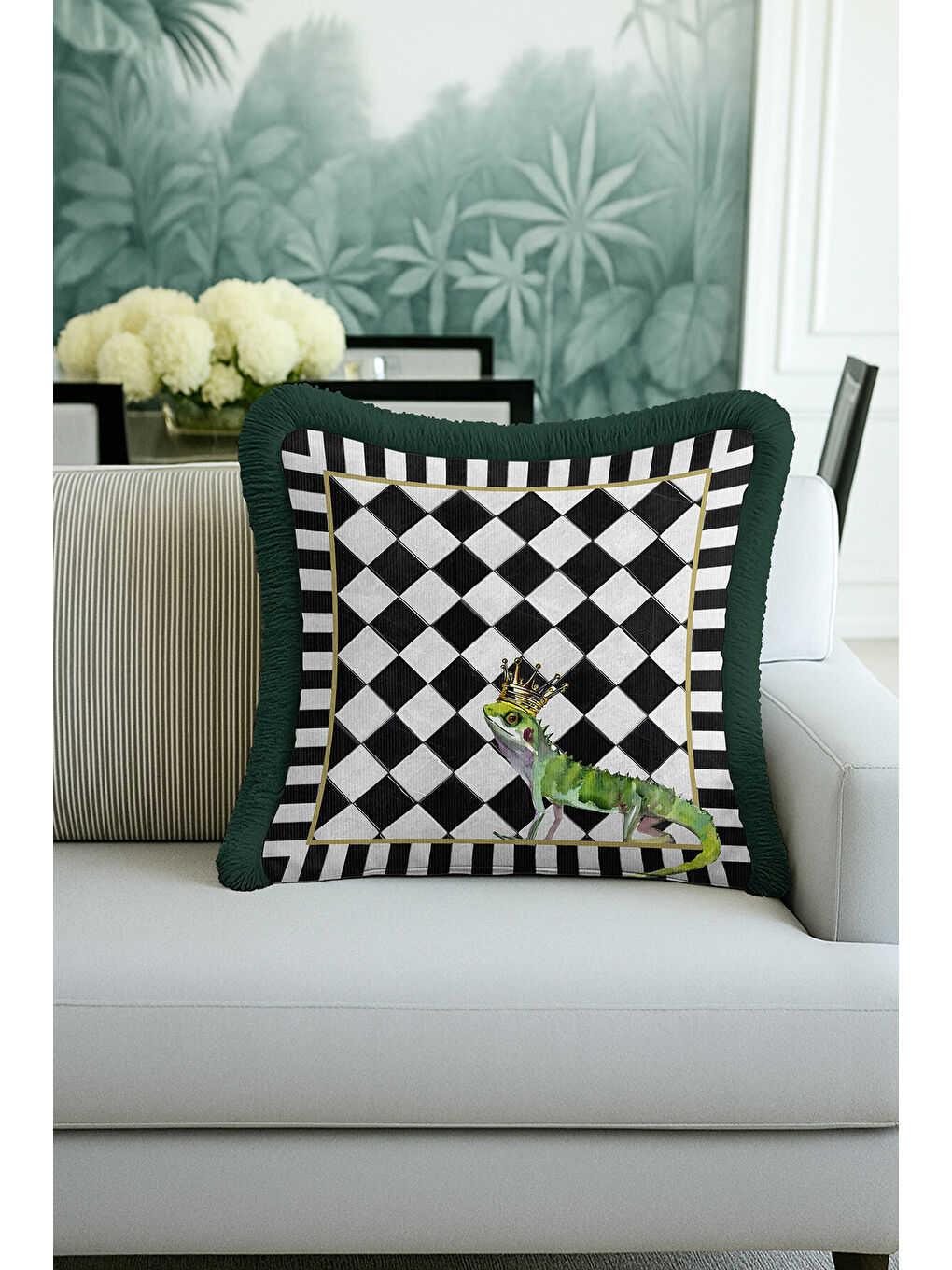 Karışık Lüks Kraliyet Saçaklı Yastık Kılıfı - Kral Bukalemun Eklektik Siyah Yeşil Püsküllü Kırlent Kılıfı-1