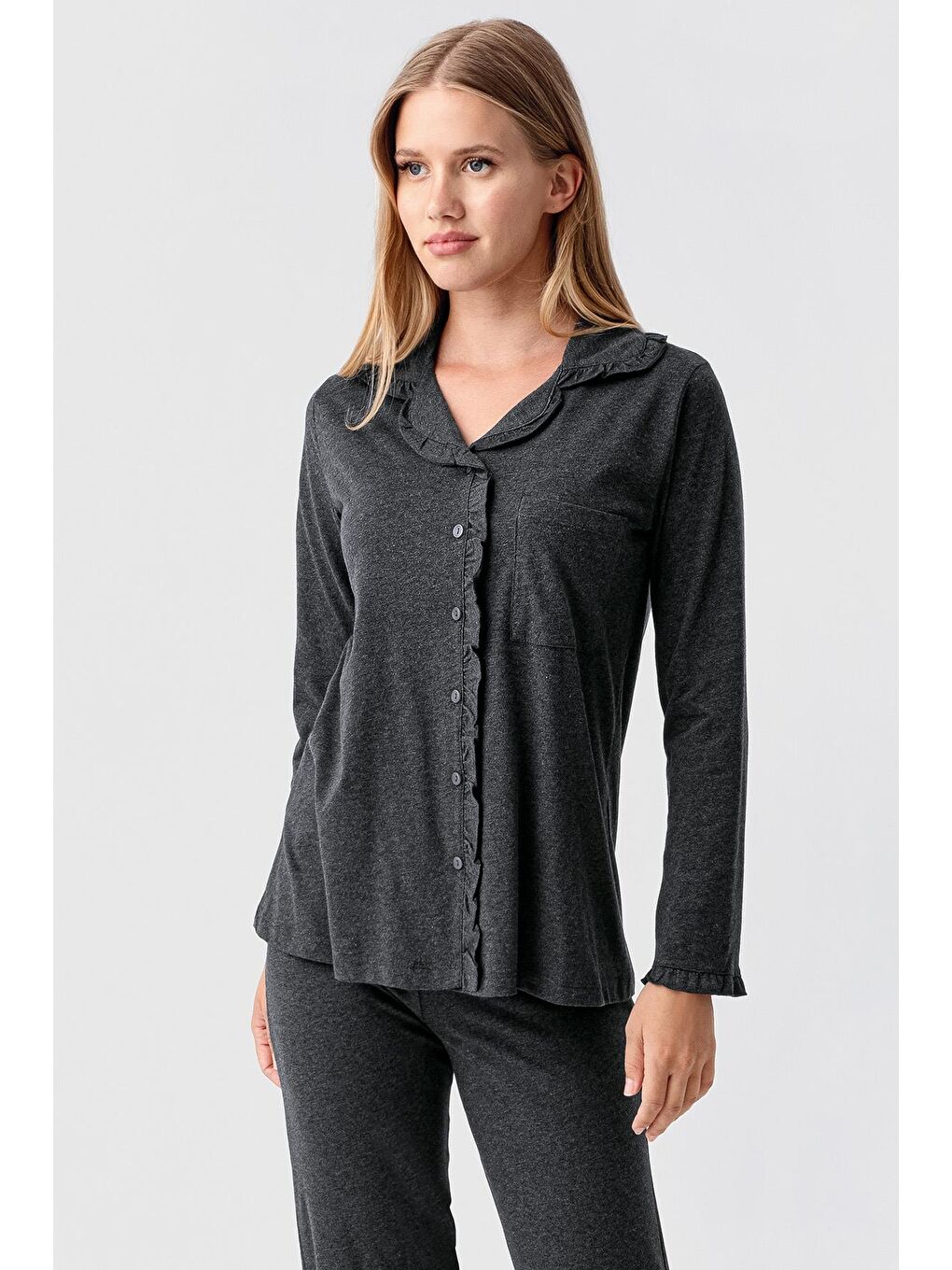 Antrasit Kadın Uzun Kollu Düğmeli Esnek Pamuklu Sabahlık Pijama Takımı 23112-3