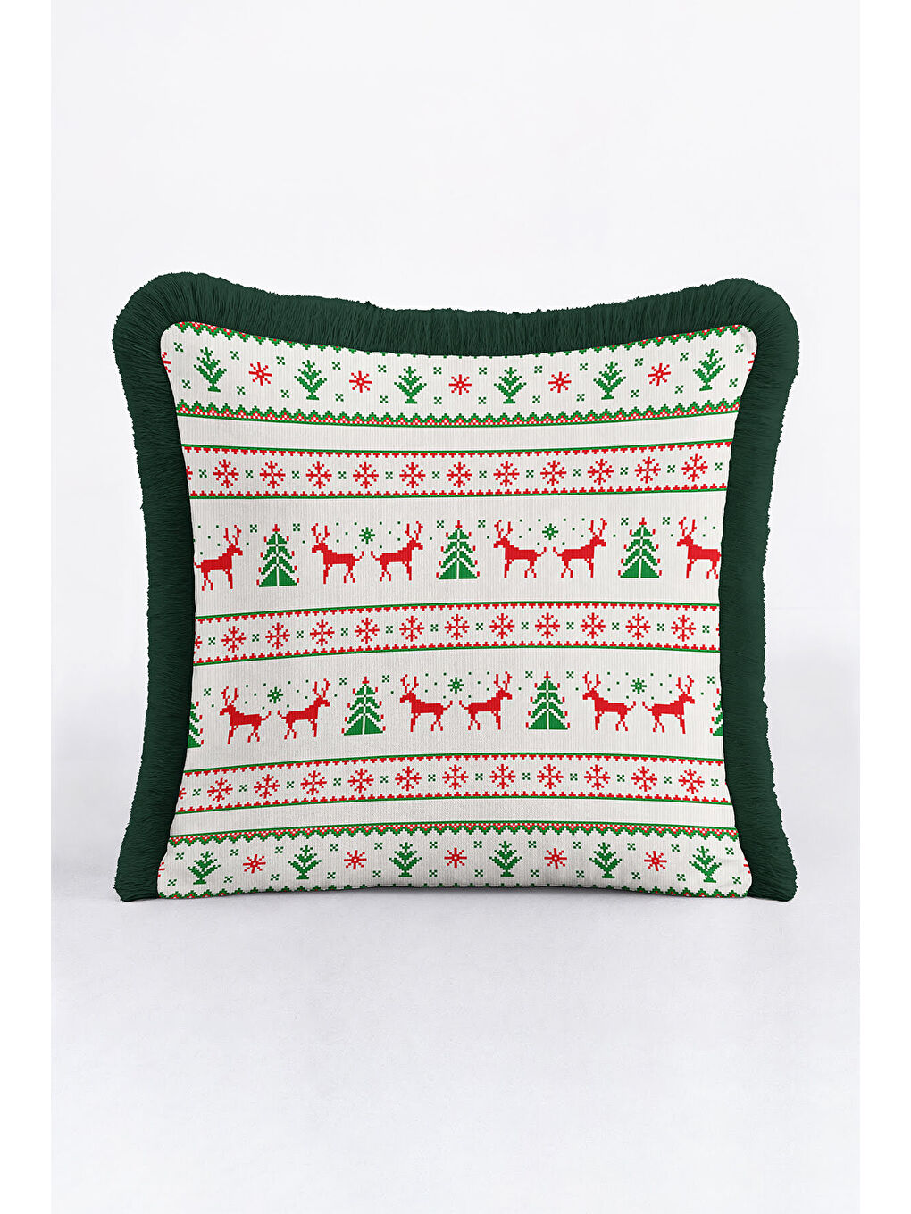 Karışık Yeni Yıl Saçaklı Yastık Kılıfı - Çam Ağacı Geyik Temalı Kırmızı Yeşil Bohem Püsküllü Kırlent Kılıfı-3
