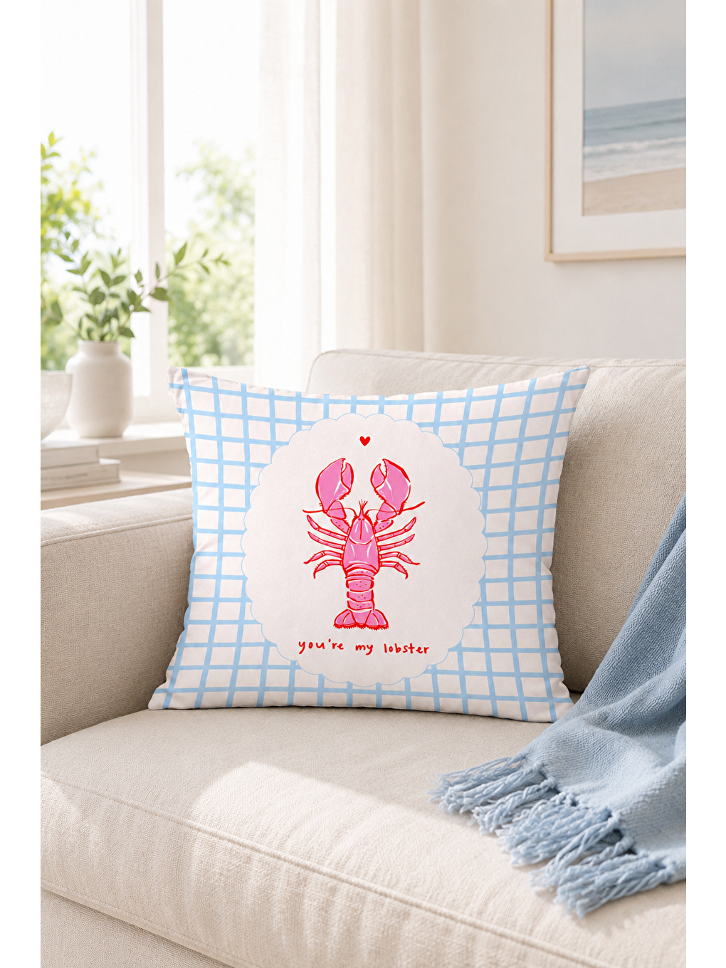 Beyaz You're My Lobster Istakoz Yazı Baskılı Dekoratif Kırlent Kılıfı Marin Dekor 43x43 Cm-5