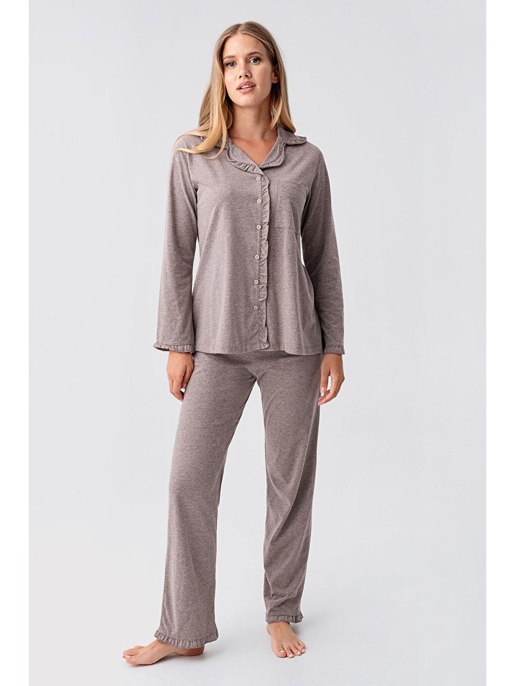 Kahverengi Kadın Uzun Kollu Düğmeli Esnek Pamuklu Sabahlık Pijama Takımı 23112-1