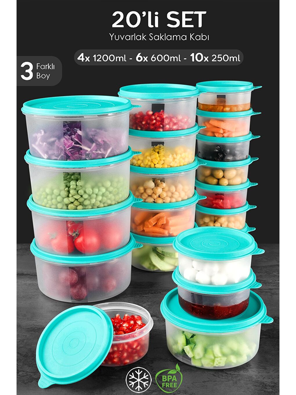 20'li Yuvarlak Gıda Saklama Kabı Seti 10x250 6x600 4x1200 ml Yeşil