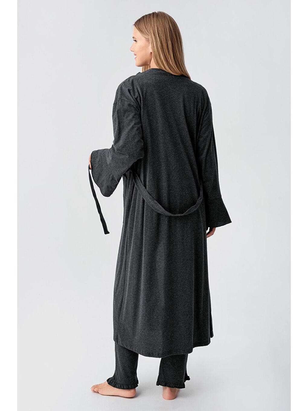 Antrasit Kadın Uzun Kollu Düğmeli Esnek Pamuklu Sabahlık Pijama Takımı 23112-4
