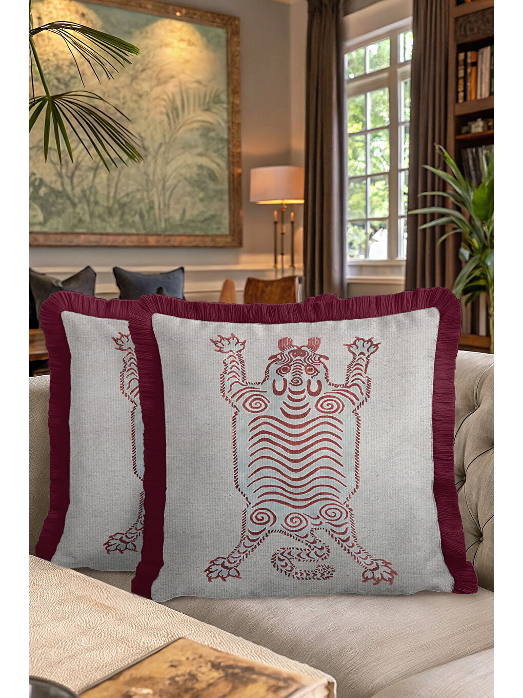Karışık Etnik Tribal Sanat Saçaklı Yastık Kılıfı - Bohem Aslan Figürlü Bordo Gri Püsküllü Kırlent Kılıfı-7