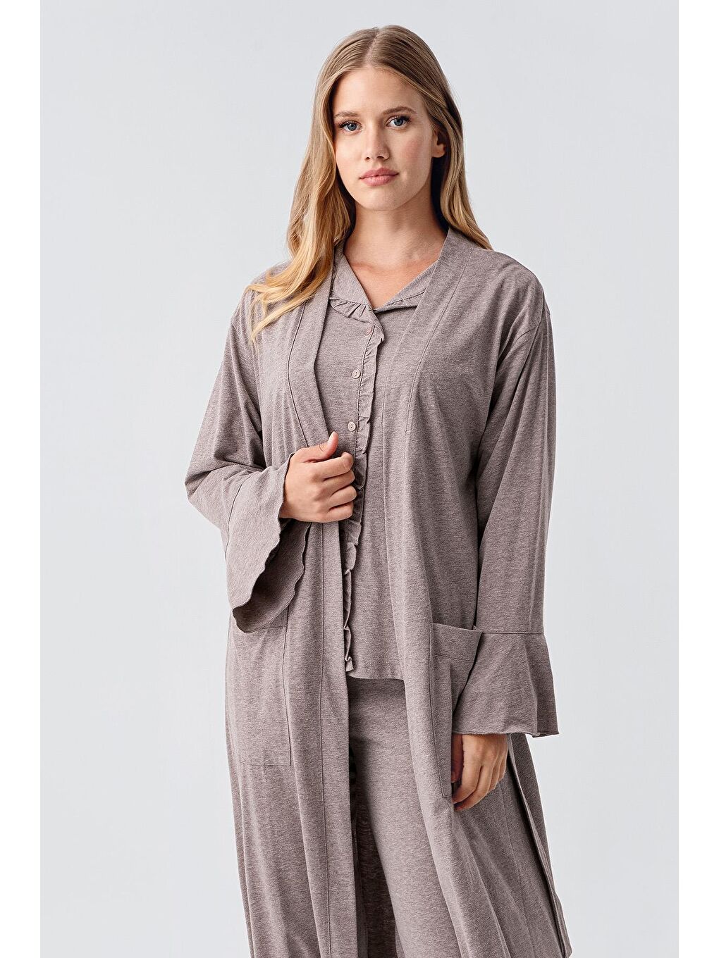 Kahverengi Kadın Uzun Kollu Düğmeli Esnek Pamuklu Sabahlık Pijama Takımı 23112-2