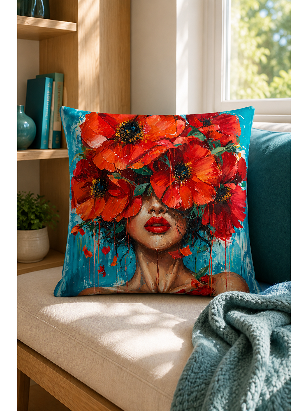 Kırmızı Çiçekli Kadın Portre Desenli Dekoratif Kırlent Kılıfı Bohem Dekor 43x43 Cm-4