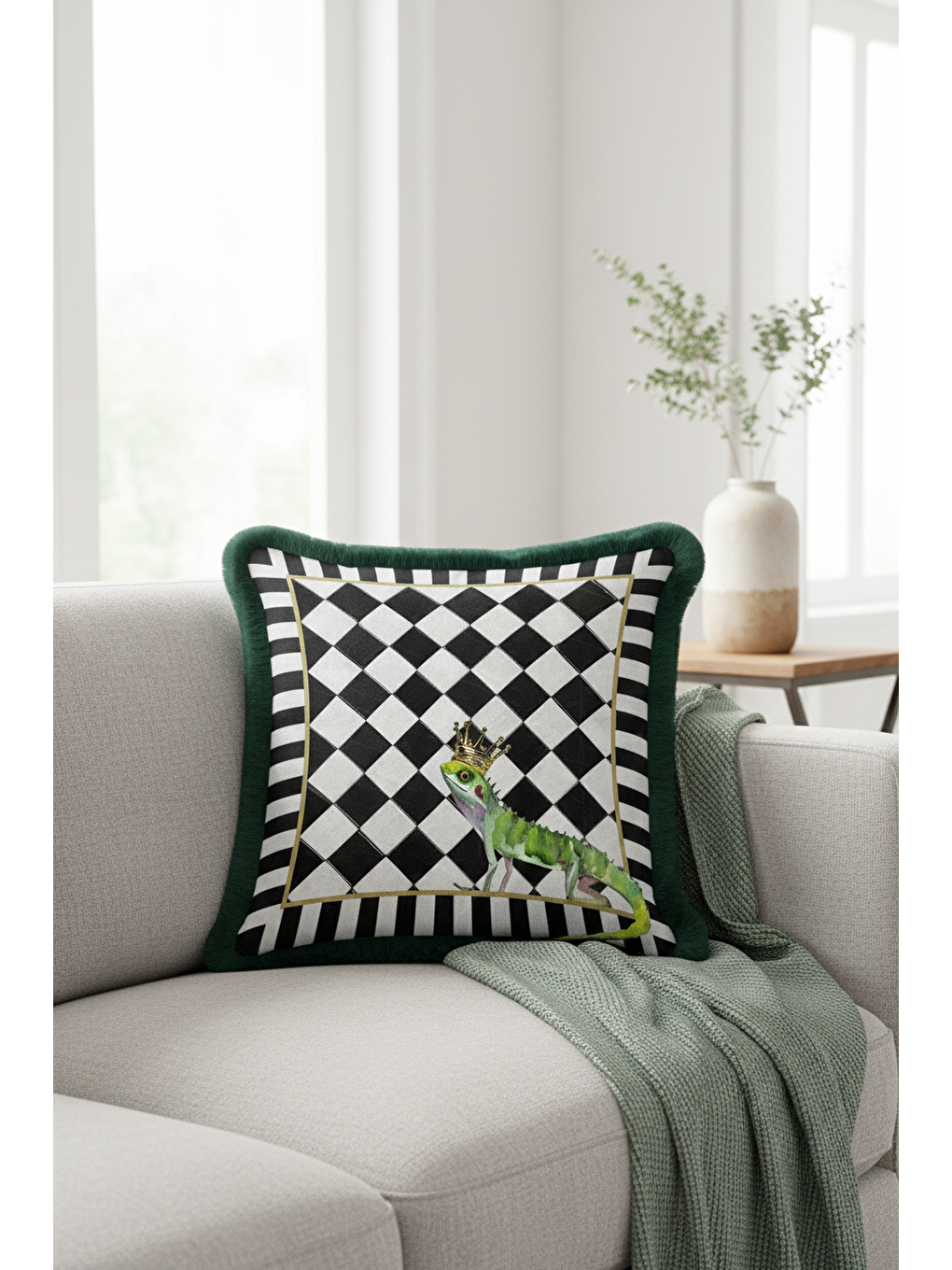 Karışık Lüks Kraliyet Saçaklı Yastık Kılıfı - Kral Bukalemun Eklektik Siyah Yeşil Püsküllü Kırlent Kılıfı-2