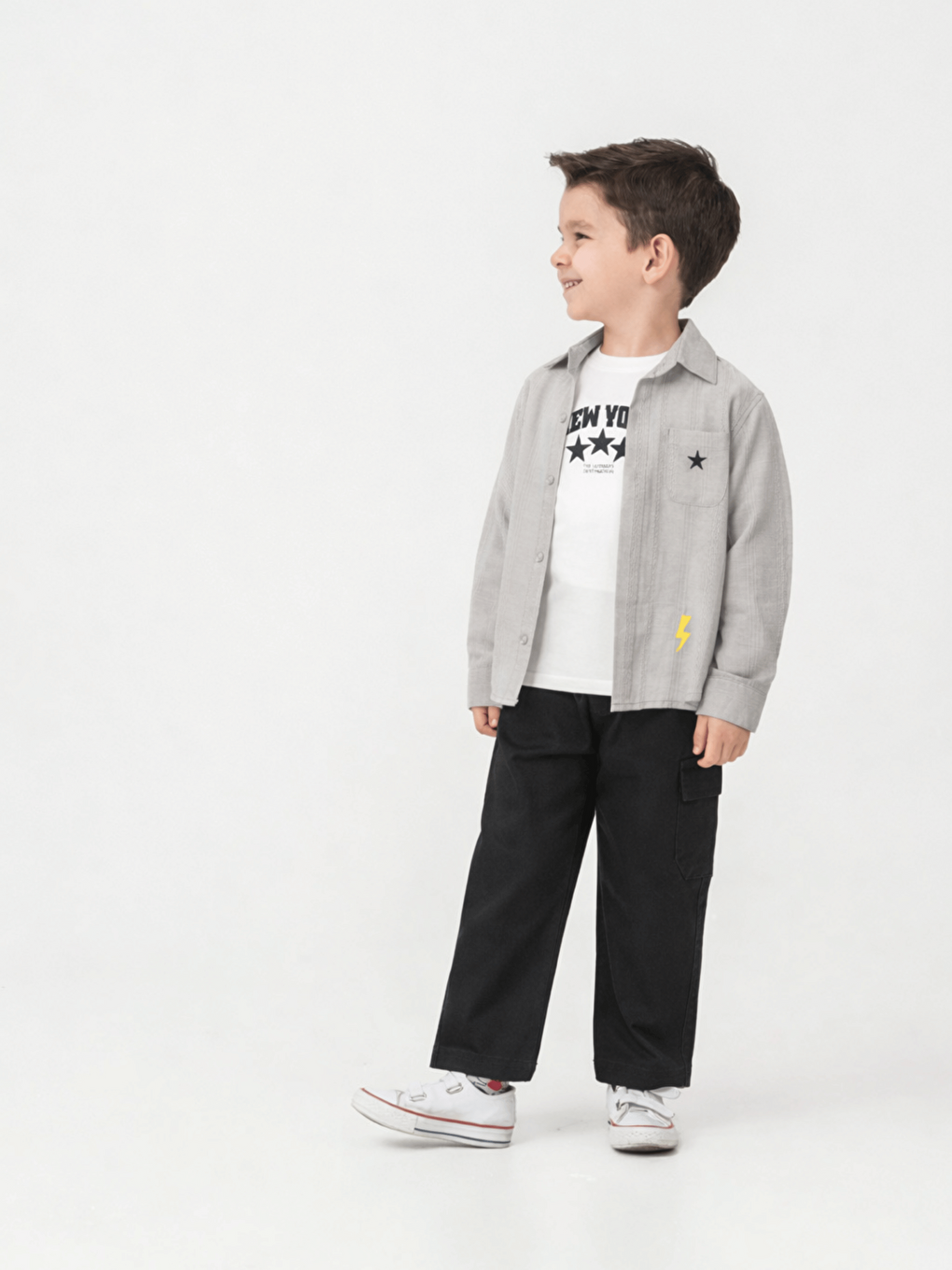 Gri Pamuklu Gömlek Pantolon Tişörtlü Erkek Çocuk 3lü Takım-1