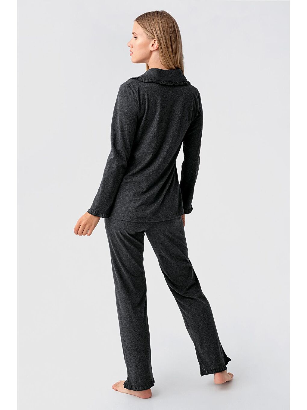 Antrasit Kadın Uzun Kollu Düğmeli Esnek Pamuklu Sabahlık Pijama Takımı 23112-5