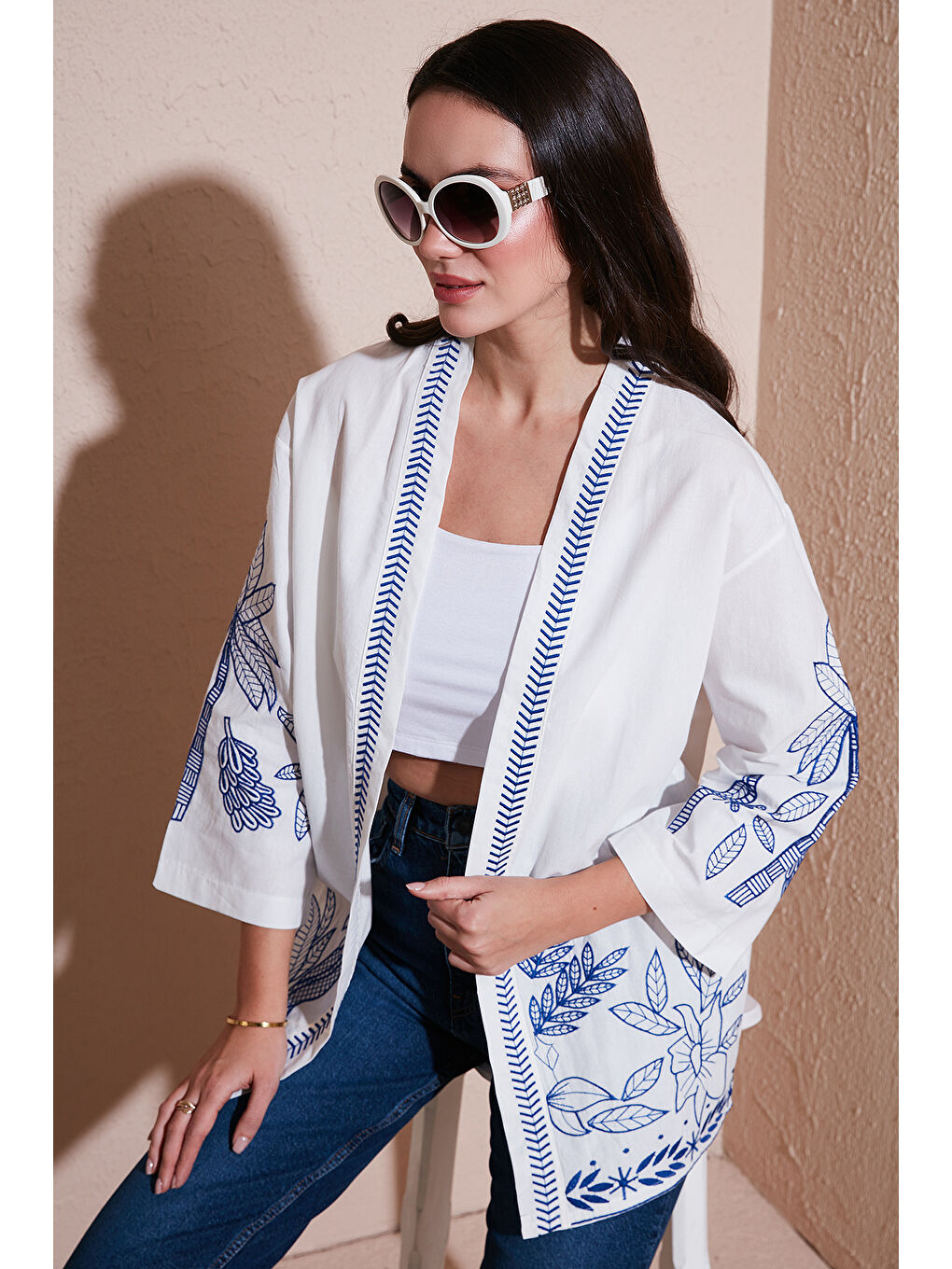 Lela Ekru Nakış İşlemeli Pamuklu Oversize Fit Truvakar Kol Kimono 676302 - 1
