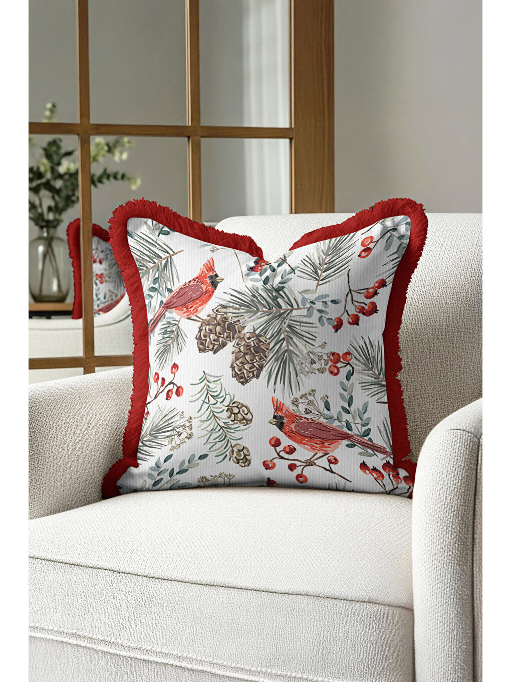 Karışık Kuş Motifli Saçaklı Yastık Kılıfı - Kış Bahçesi Rustik Kırmızı Püsküllü Kırlent Kılıfı-3