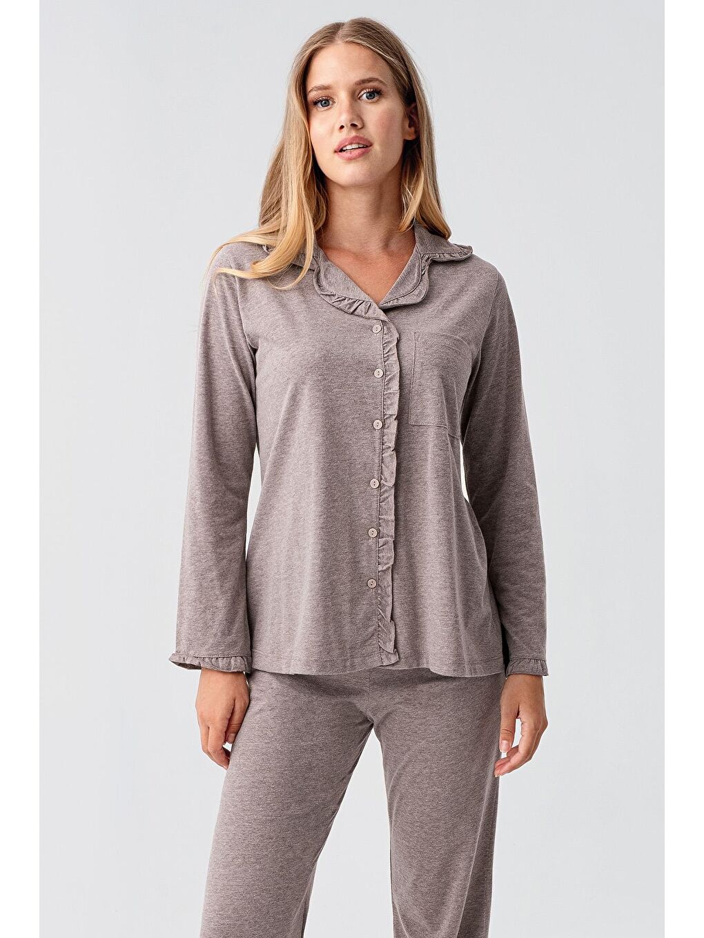 Kahverengi Kadın Uzun Kollu Düğmeli Esnek Pamuklu Sabahlık Pijama Takımı 23112-3