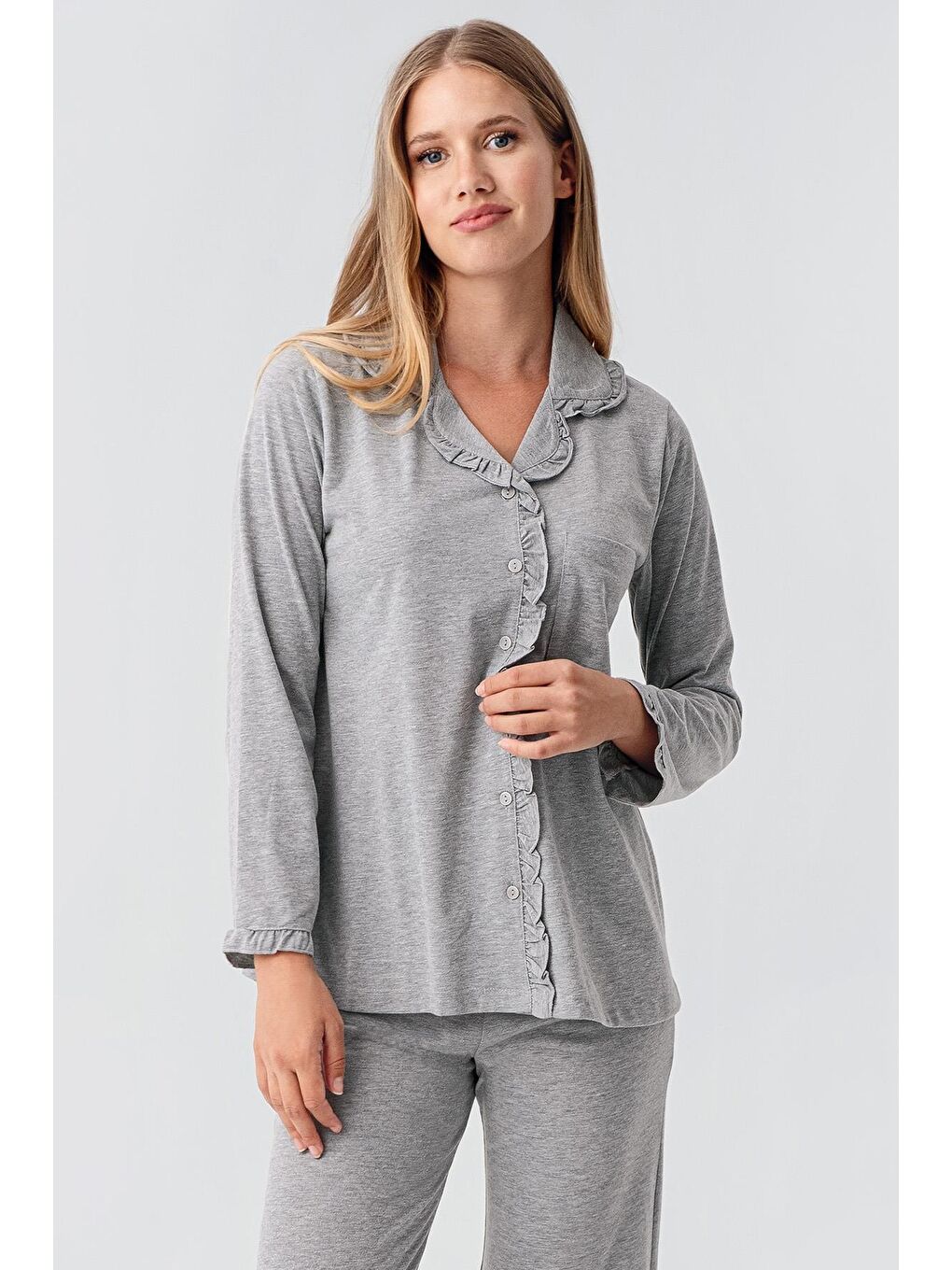 Gri Kadın Uzun Kollu Düğmeli Esnek Pamuklu Sabahlık Pijama Takımı 23112-3