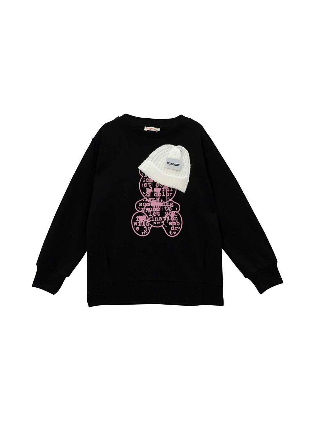 Kız Çocuk Ayı Baskı Şapka Aksesuarlı Sweatshirt - Siyah