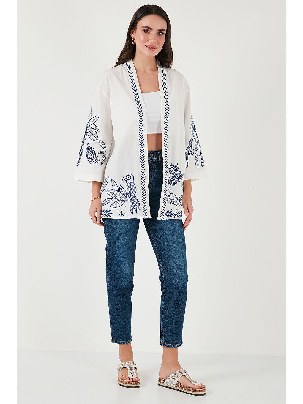 Lela Ekru Nakış İşlemeli Pamuklu Oversize Fit Truvakar Kol Kimono 676302 - 2