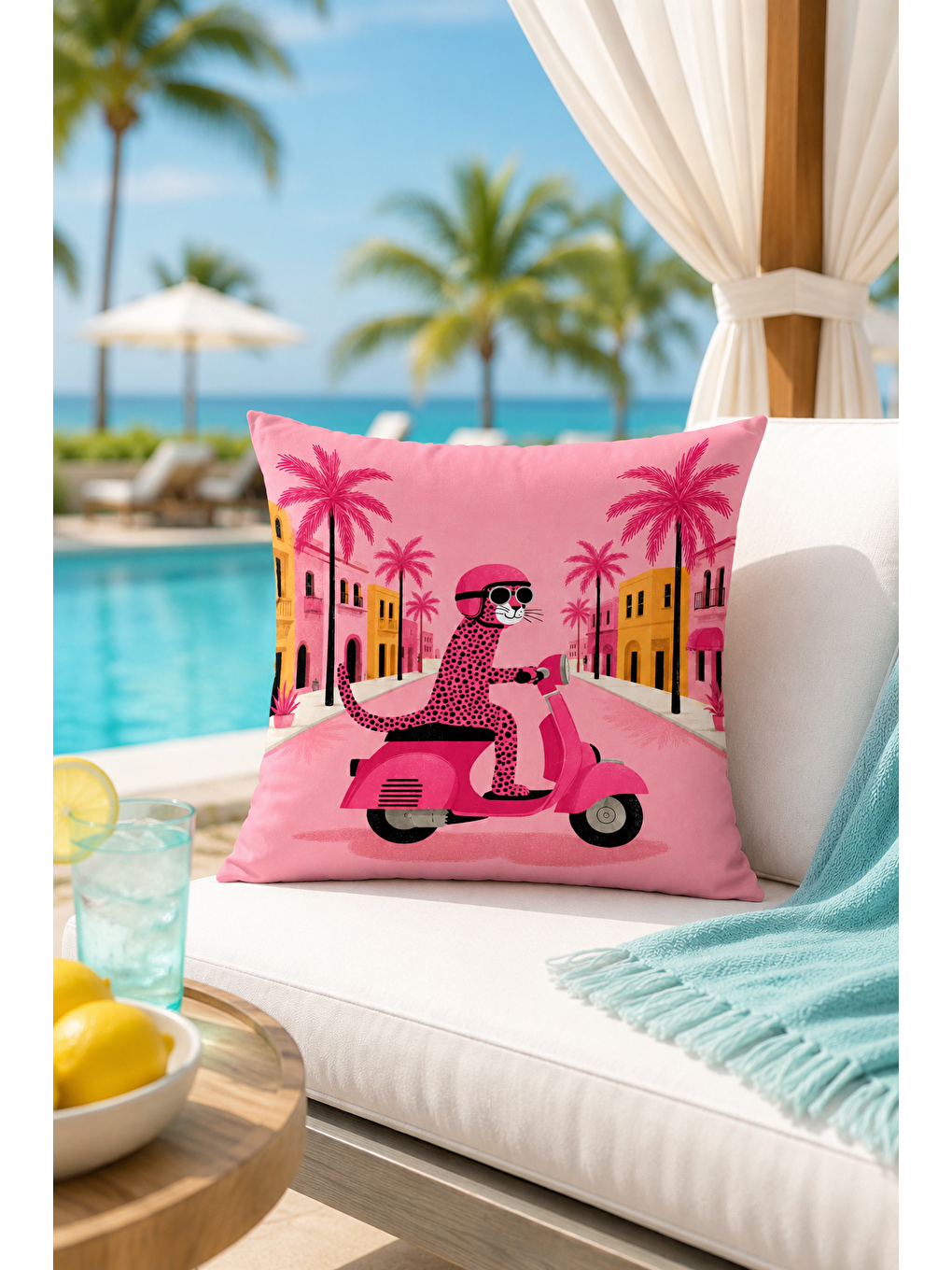 Pembe Scooter Leopar Desenli Dekoratif Kırlent Kılıfı Pop Art Yazlık Dekor 43x43 Cm-5