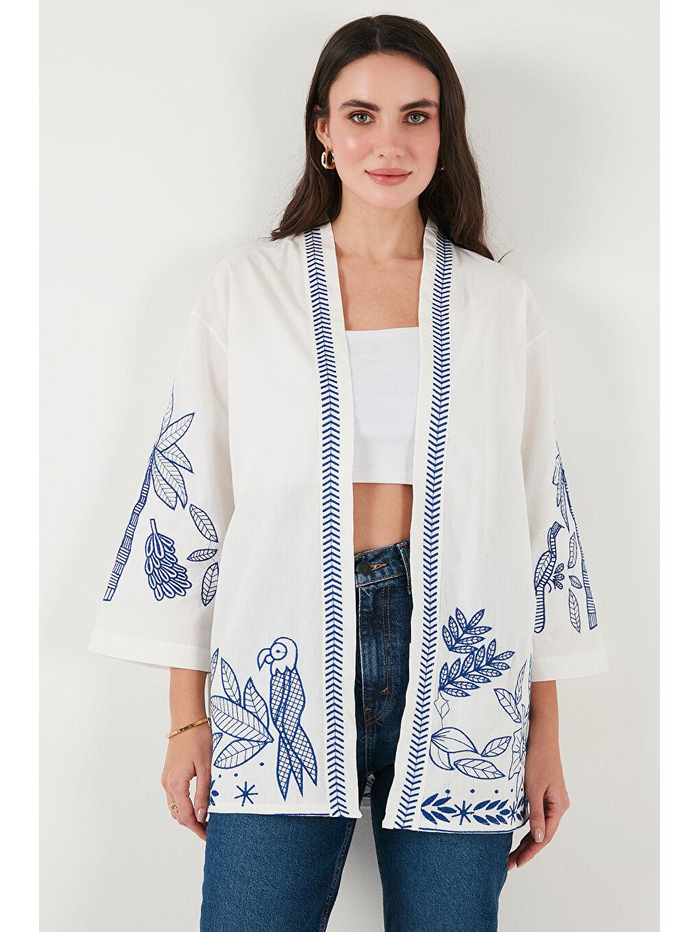 Lela Ekru Nakış İşlemeli Pamuklu Oversize Fit Truvakar Kol Kimono 676302 - 3