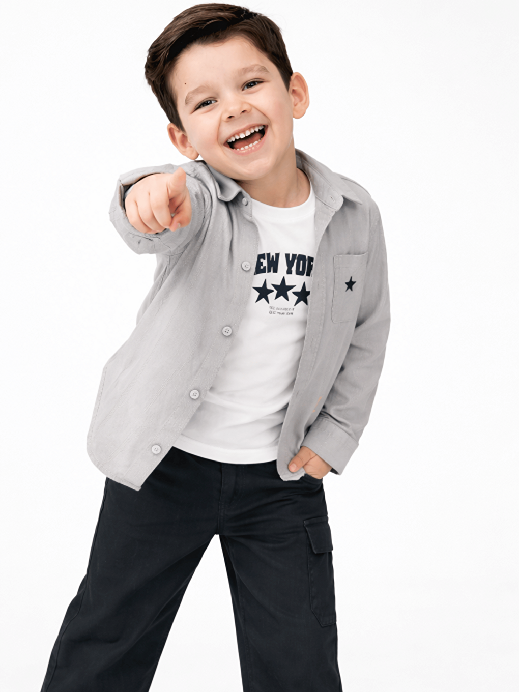 Gri Pamuklu Gömlek Pantolon Tişörtlü Erkek Çocuk 3lü Takım-2