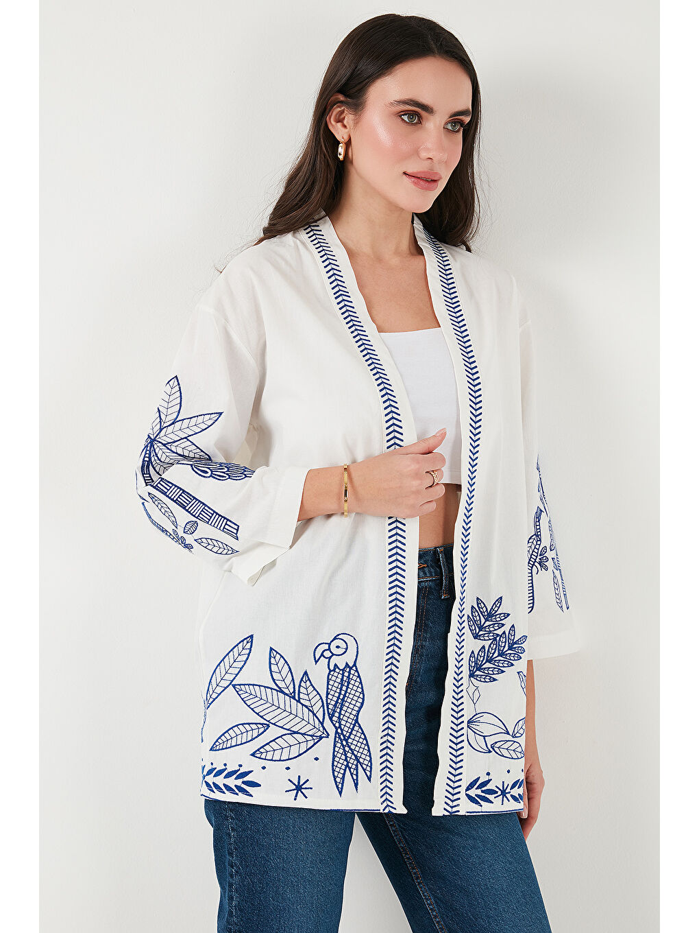 Lela Ekru Nakış İşlemeli Pamuklu Oversize Fit Truvakar Kol Kimono 676302 - 4