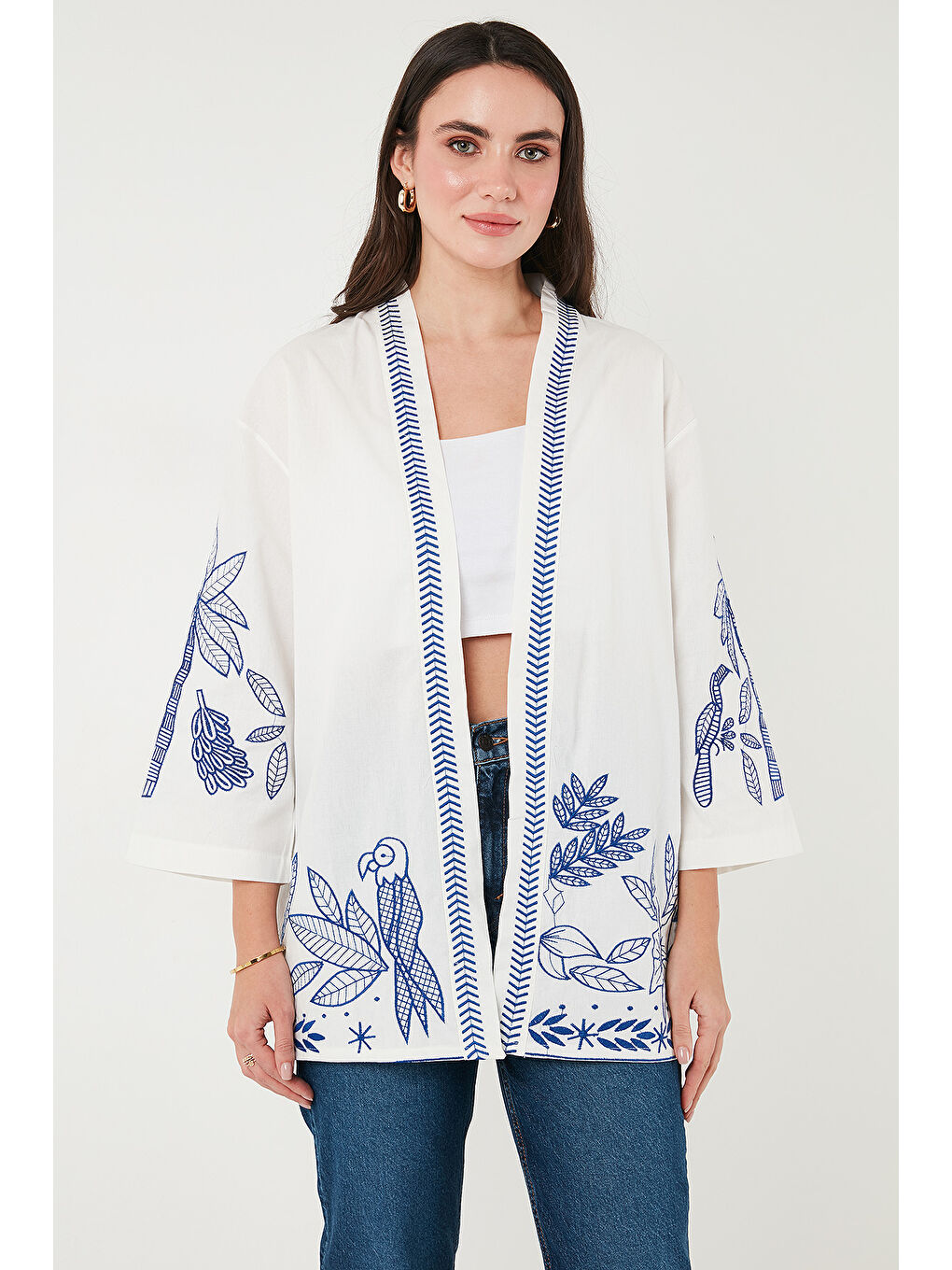 Lela Ekru Nakış İşlemeli Pamuklu Oversize Fit Truvakar Kol Kimono 676302 - 5