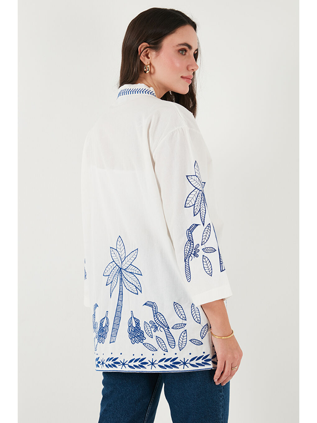 Lela Ekru Nakış İşlemeli Pamuklu Oversize Fit Truvakar Kol Kimono 676302 - 6