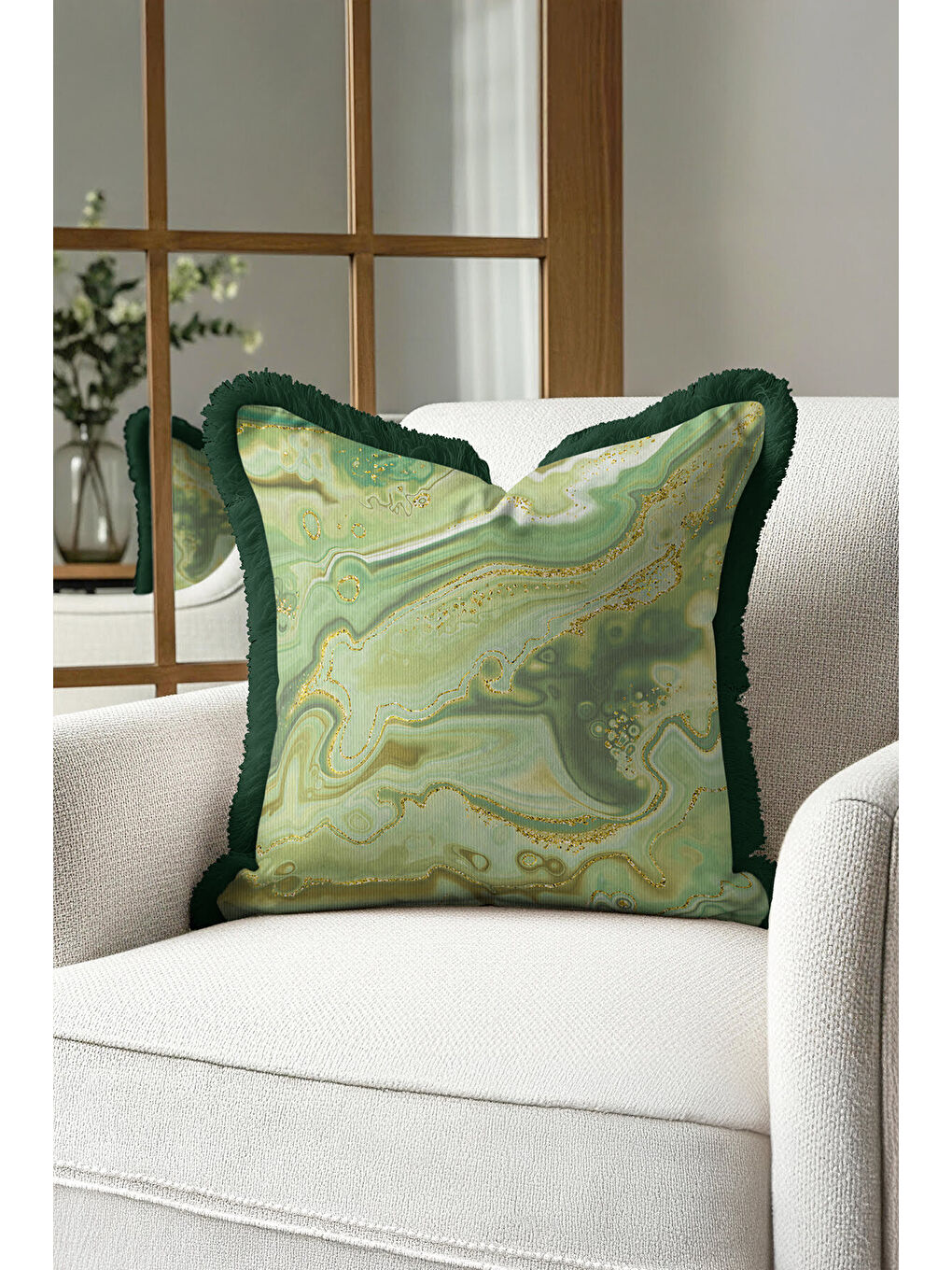 Karışık Zümrüt Mermer Saçaklı Yastık Kılıfı - Lüks Bohem Yeşil Altın Renkli Püsküllü Kırlent Kılıfı-1