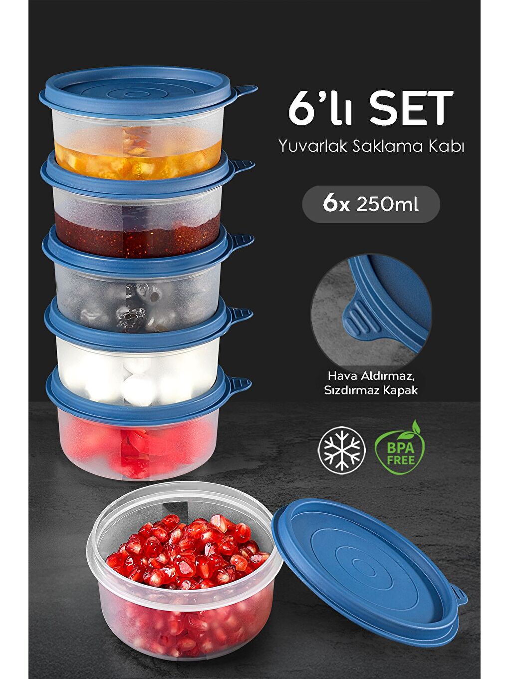 6'lı Yuvarlak Gıda Saklama Kabı Seti 6x250 ml Lacivert