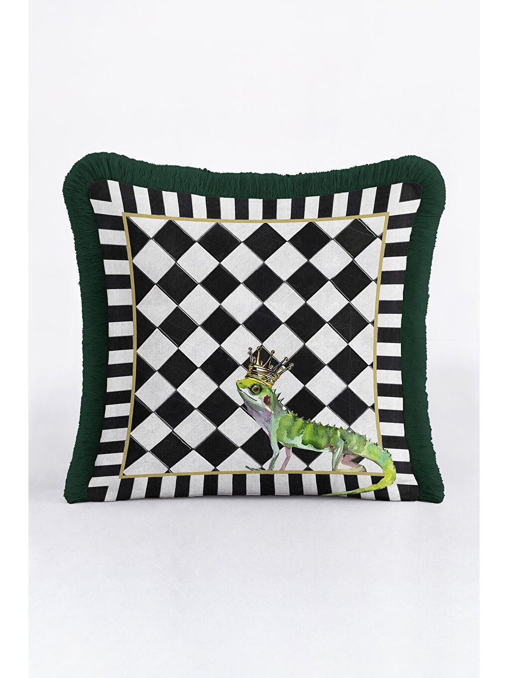 Karışık Lüks Kraliyet Saçaklı Yastık Kılıfı - Kral Bukalemun Eklektik Siyah Yeşil Püsküllü Kırlent Kılıfı-3