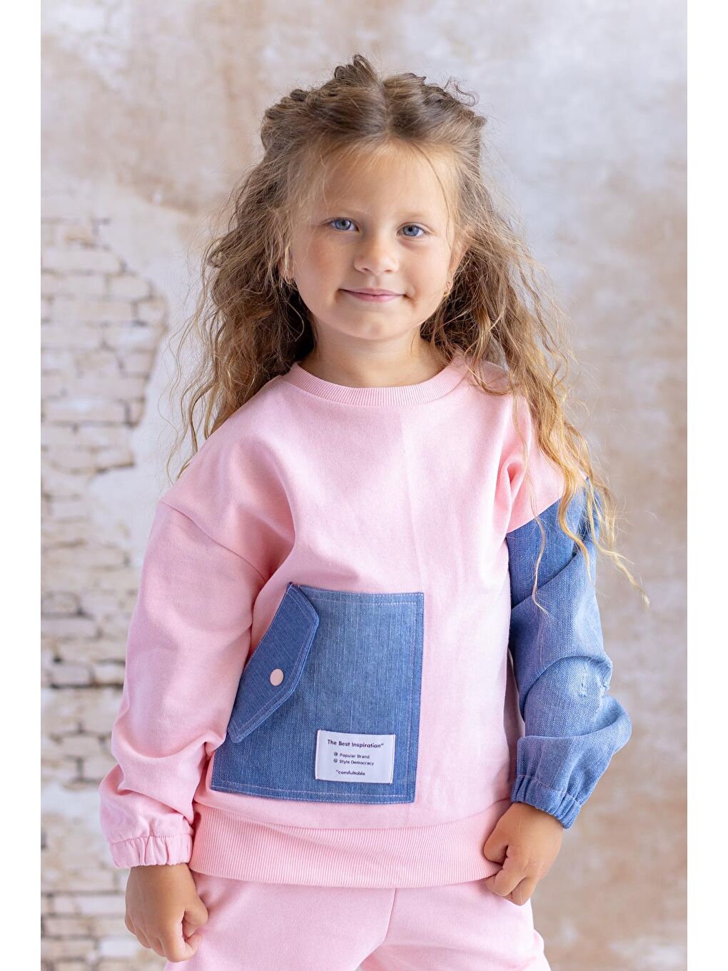 Kız Çocuk Jean Garnili Cep Detaylı Sweatshirt - Pembe-1