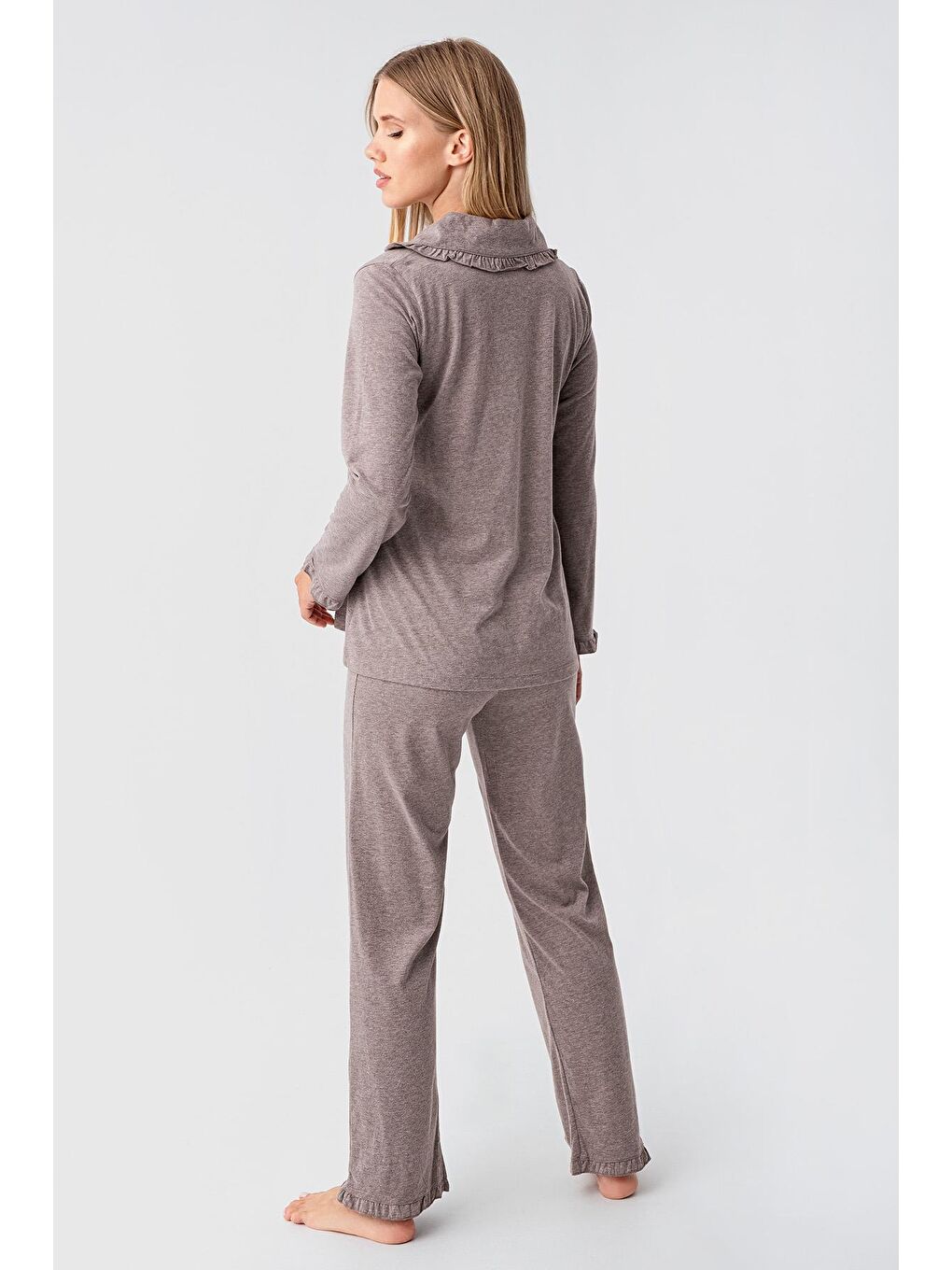 Kahverengi Kadın Uzun Kollu Düğmeli Esnek Pamuklu Sabahlık Pijama Takımı 23112-5