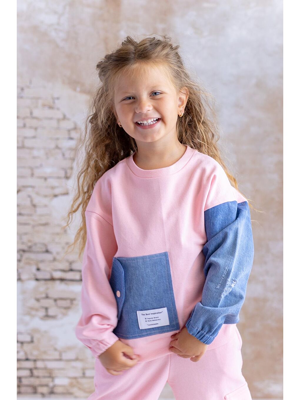 Kız Çocuk Jean Garnili Cep Detaylı Sweatshirt - Pembe-2
