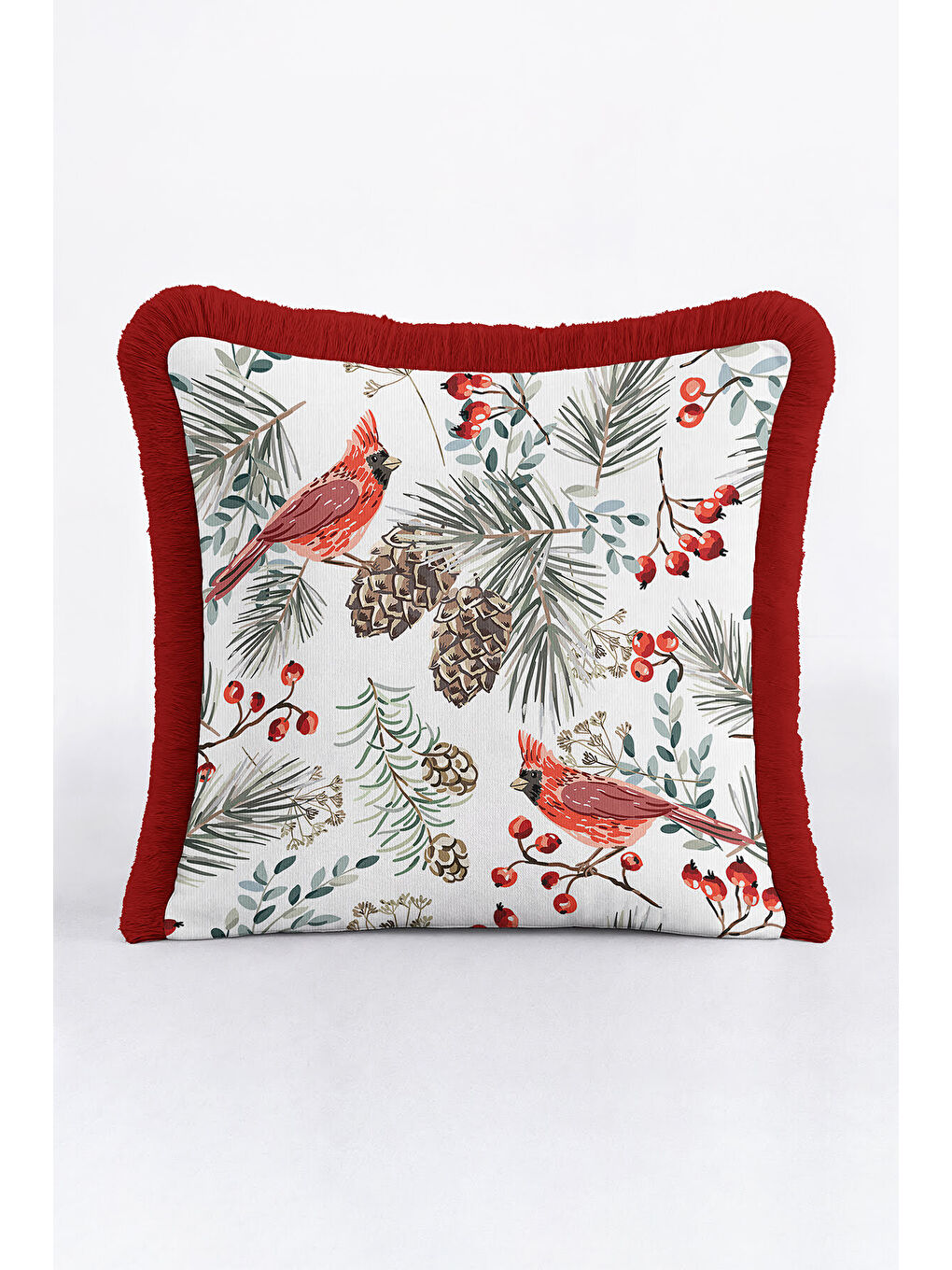 Karışık Kuş Motifli Saçaklı Yastık Kılıfı - Kış Bahçesi Rustik Kırmızı Püsküllü Kırlent Kılıfı-4