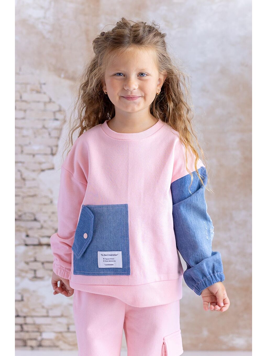 Kız Çocuk Jean Garnili Cep Detaylı Sweatshirt - Pembe-3