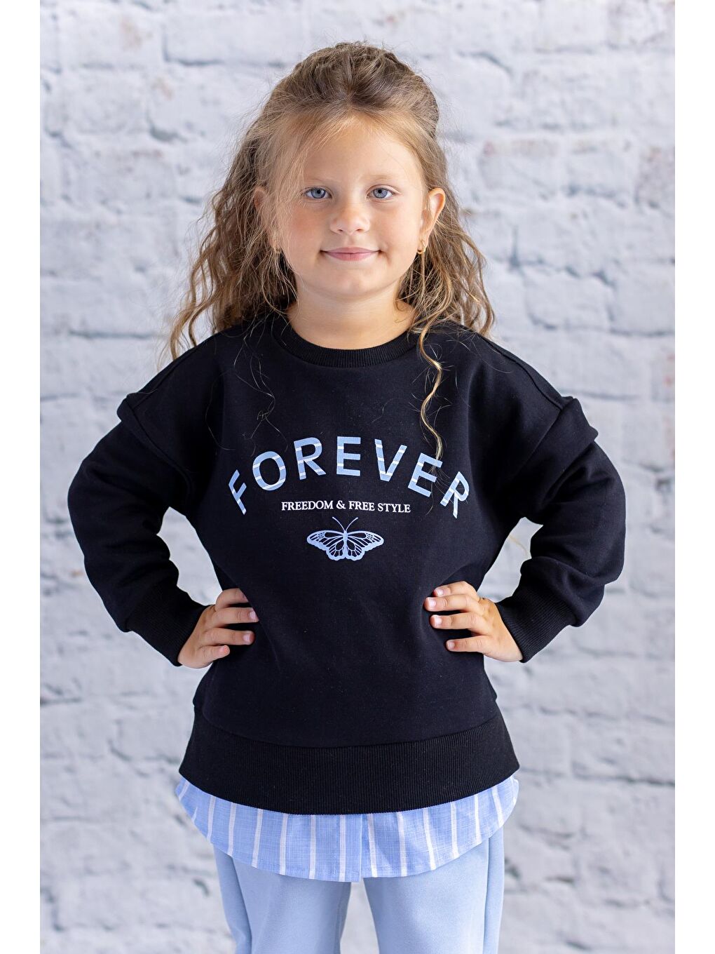 Kız Çocuk Gömlek Detaylı Baskılı Sweatshirt - Siyah