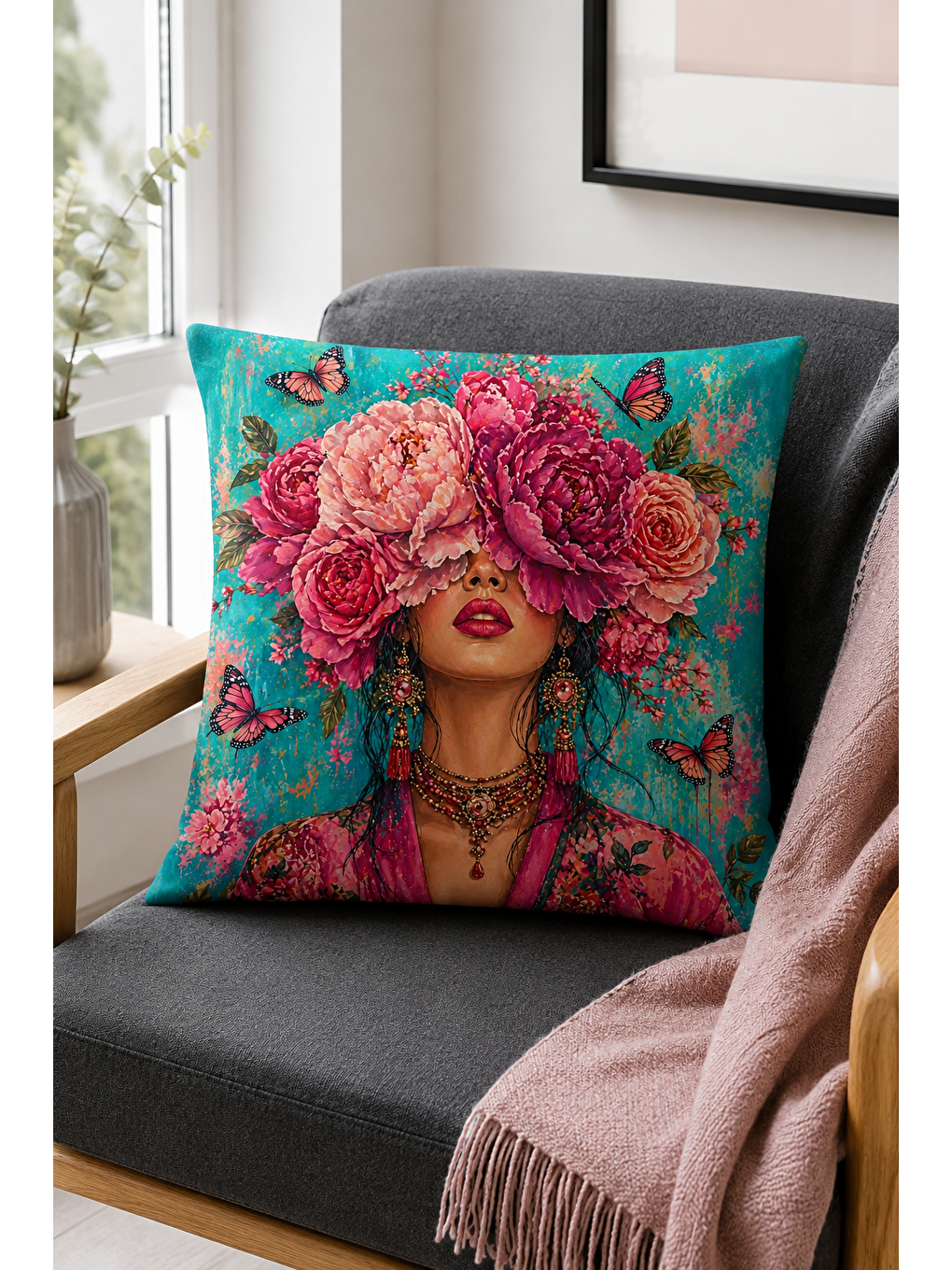 Turkuaz Çiçek Taçlı Kadın Kelebek Desenli Dekoratif Kırlent Kılıfı Bohem Ev Dekor 43x43 Cm-6