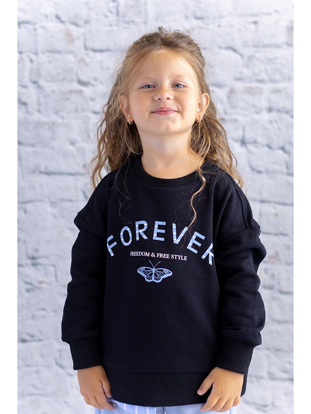 Kız Çocuk Gömlek Detaylı Baskılı Sweatshirt - Siyah-1