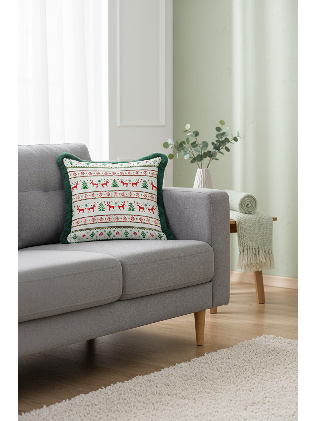 Karışık Yeni Yıl Saçaklı Yastık Kılıfı - Çam Ağacı Geyik Temalı Kırmızı Yeşil Bohem Püsküllü Kırlent Kılıfı-4