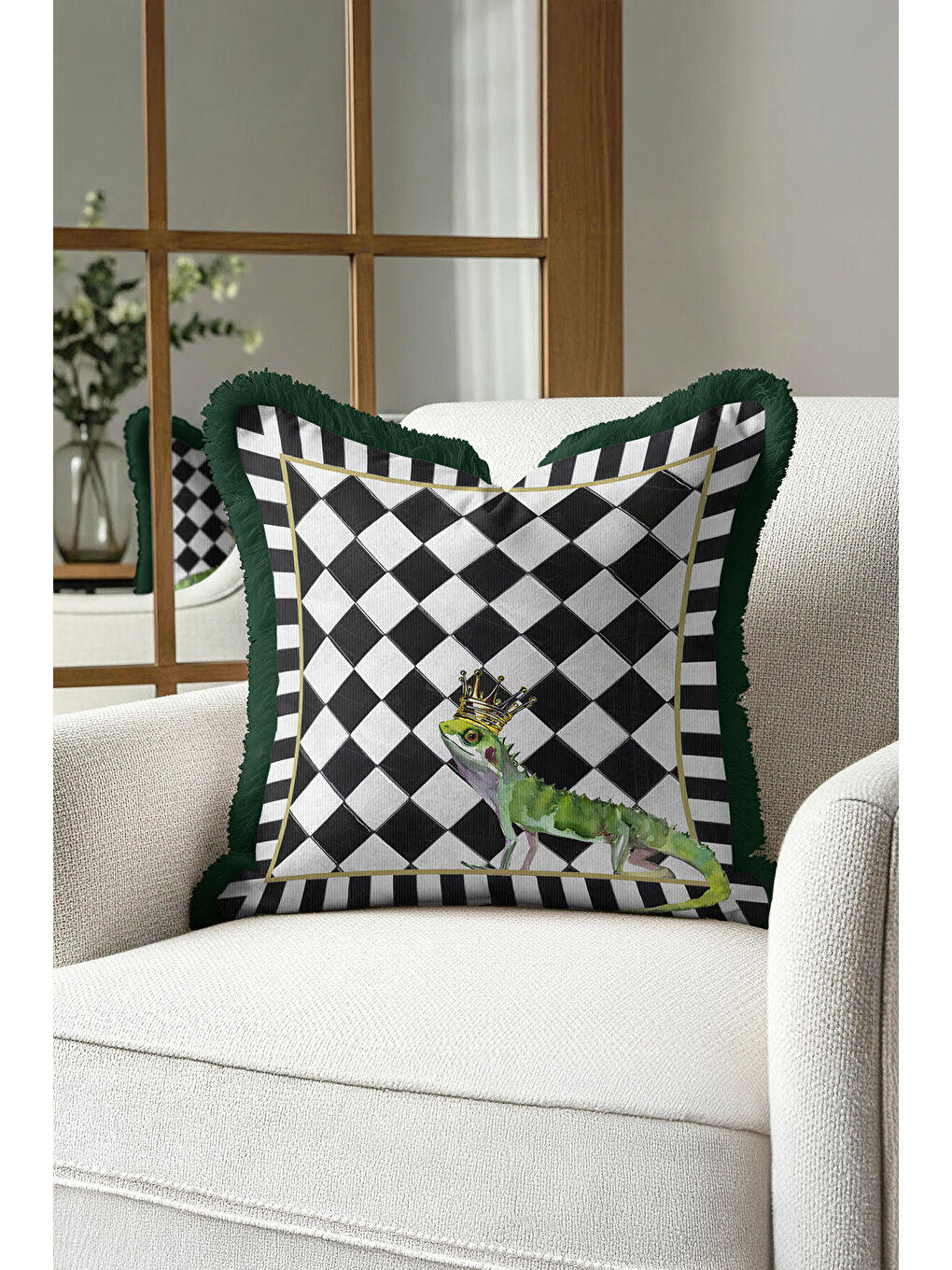 Karışık Lüks Kraliyet Saçaklı Yastık Kılıfı - Kral Bukalemun Eklektik Siyah Yeşil Püsküllü Kırlent Kılıfı-4