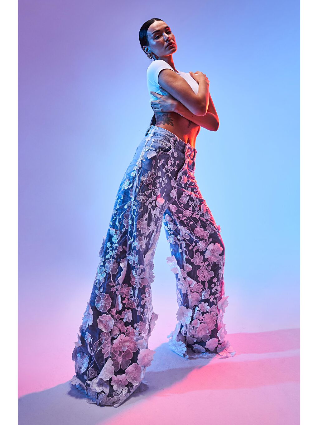 Mavi Kadın Ice Jean Rengi Çiçek Dantel Tül Detaylı Palazzo Fit Özel Tasarım Denim Jean-2