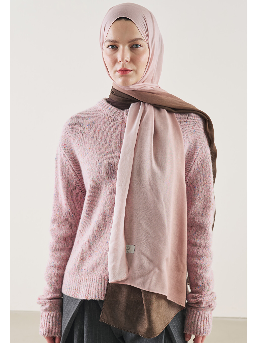 Pembe Degrade Desen Rami Şal Kahve-pudra-1