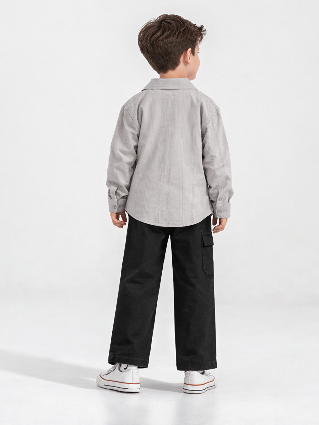 Gri Pamuklu Gömlek Pantolon Tişörtlü Erkek Çocuk 3lü Takım-4