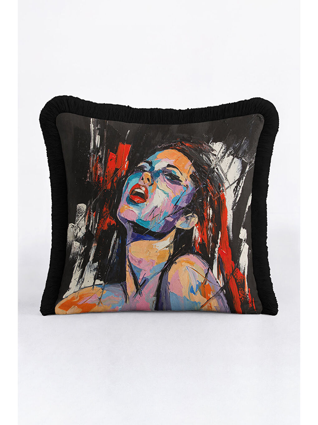 Karışık Soyut Portre Sanat Saçaklı Yastık Kılıfı - Modern Siyah Kırmızı Püsküllü Kırlent Kılıfı