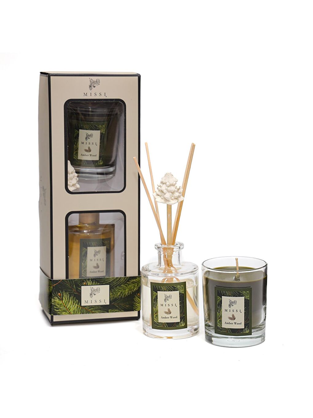 Yeşil Yılbaşı Amber Wood Hediye Seti (Oda kokusu&Vegan Mum)