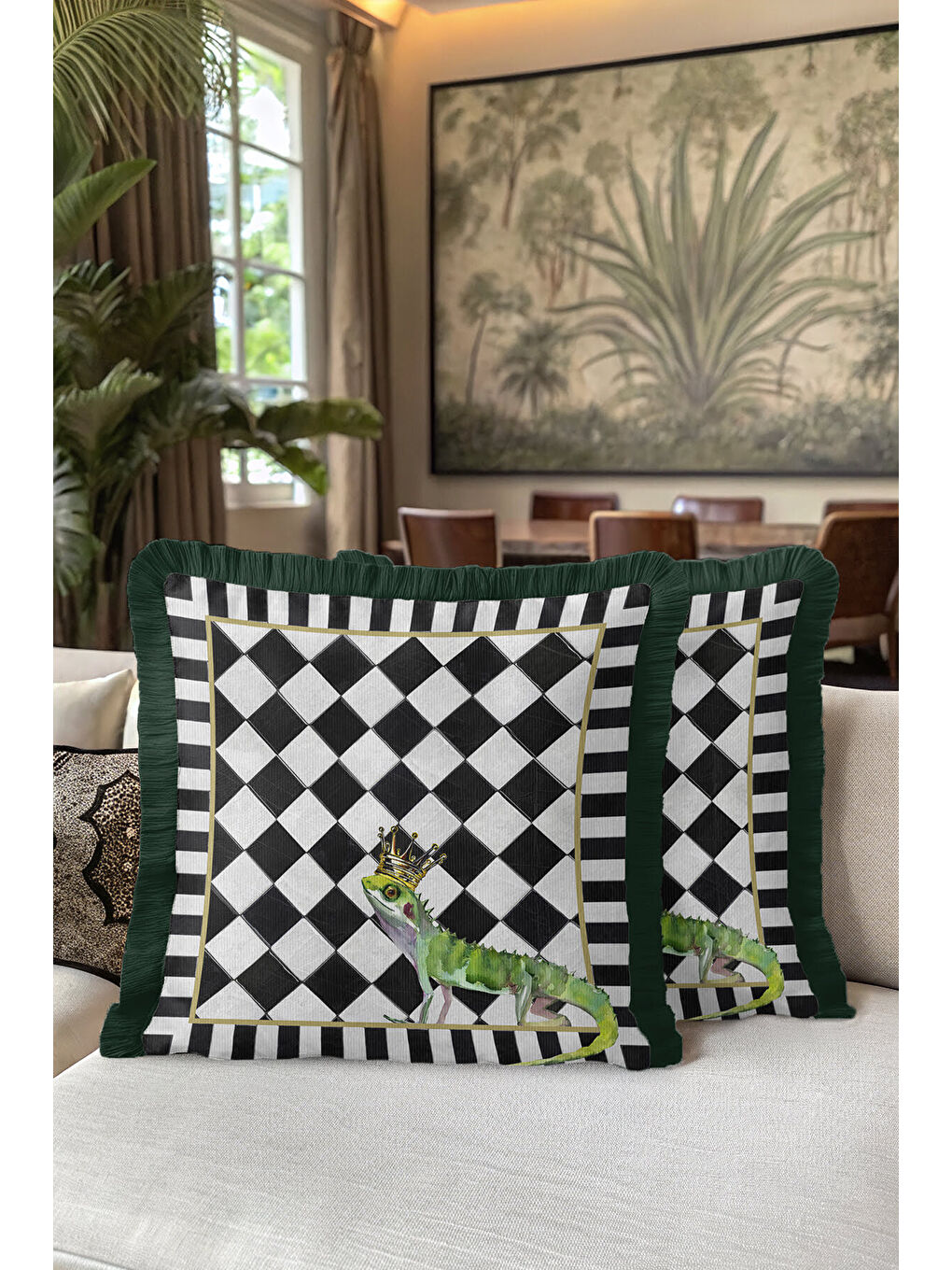 Karışık Lüks Kraliyet Saçaklı Yastık Kılıfı - Kral Bukalemun Eklektik Siyah Yeşil Püsküllü Kırlent Kılıfı-5