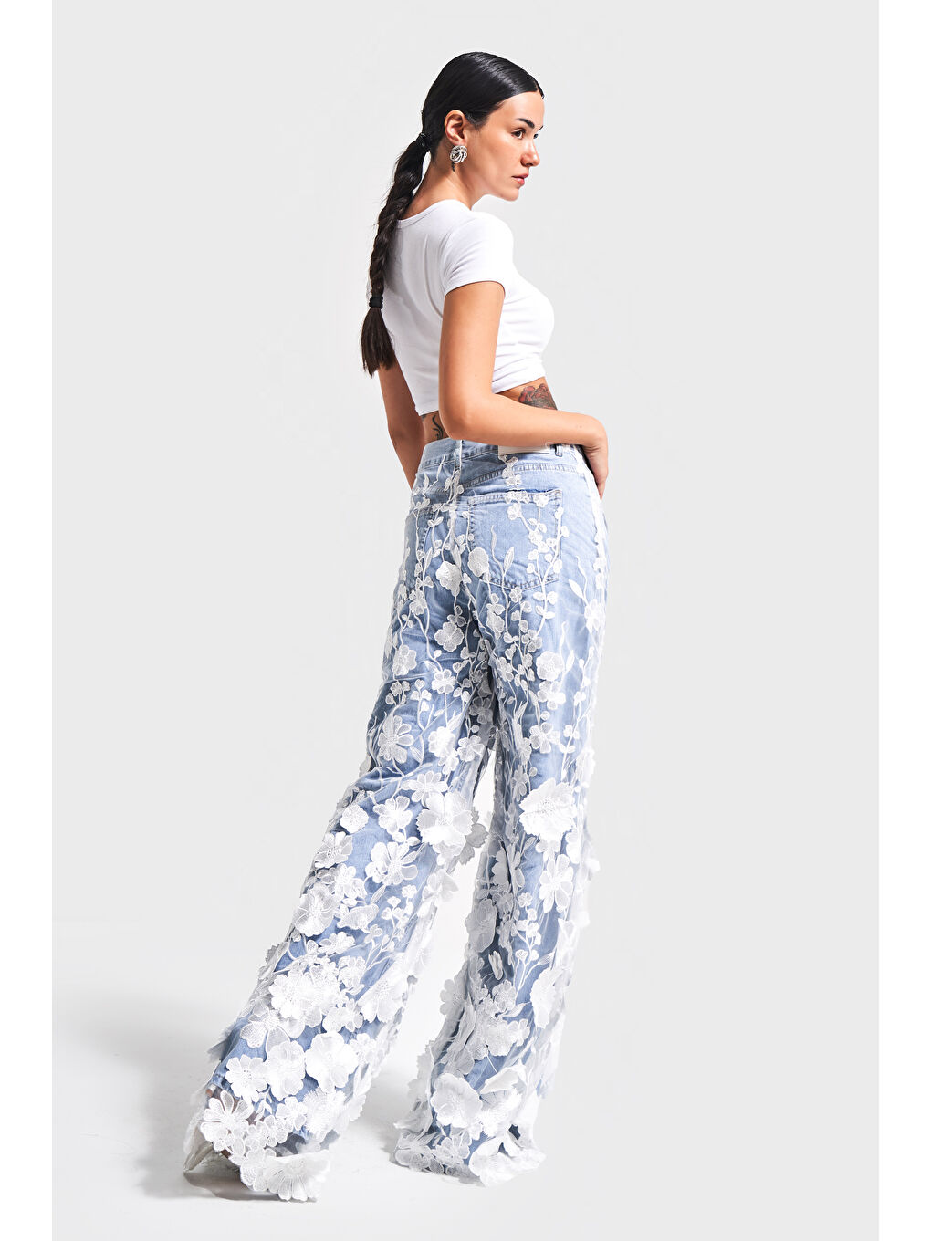 Mavi Kadın Ice Jean Rengi Çiçek Dantel Tül Detaylı Palazzo Fit Özel Tasarım Denim Jean-3