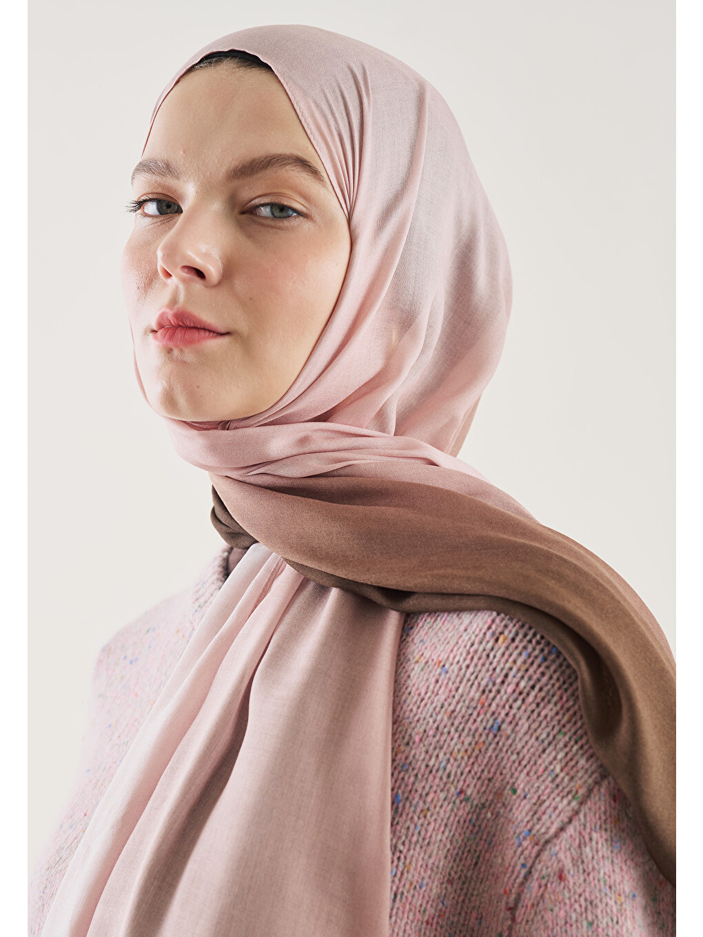 Pembe Degrade Desen Rami Şal Kahve-pudra-3